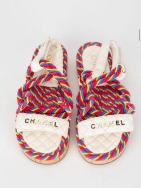 CHANEL Multicolor Rope Quilted Sandals Gold Logo Size 37 EU Excellent Condition